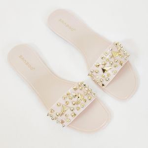Bamboo Jelly Flats Women's Size 8 Nude Studded Sandals Slip-on Gold Jewel Cream